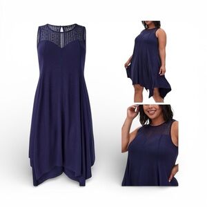 Torrid women’s navy blue midi jersey trapeze sleeveless handkerchief hem dress